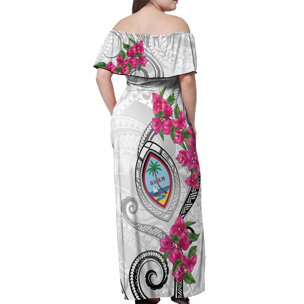 Guam Chamorro Off Shoulder Maxi Dress Curves Polynesian Tattoo Mix Bougainvillea