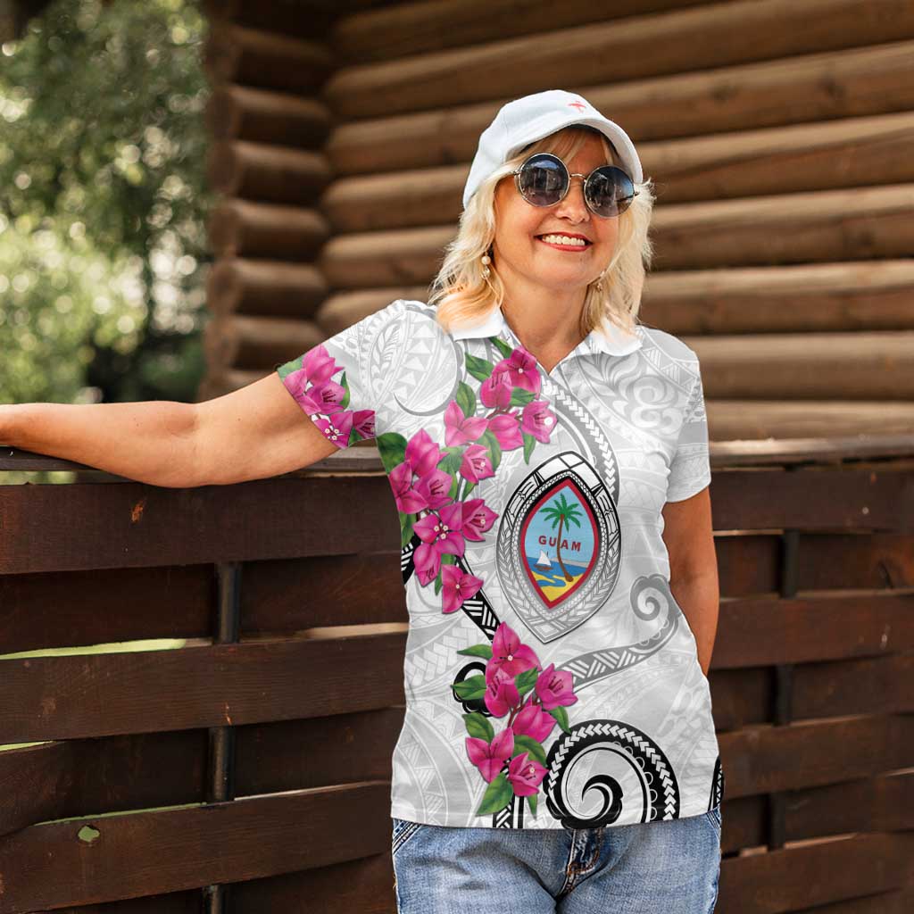 Guam Chamorro Women Polo Shirt Curves Polynesian Tattoo Mix Bougainvillea