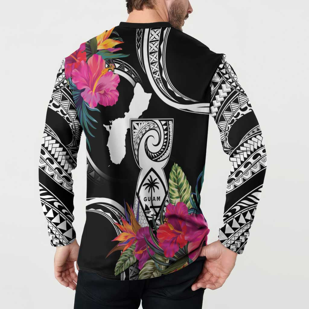 Hafa Adai Guam Button Sweatshirt Polynesian Tattoo Tropical Flowers