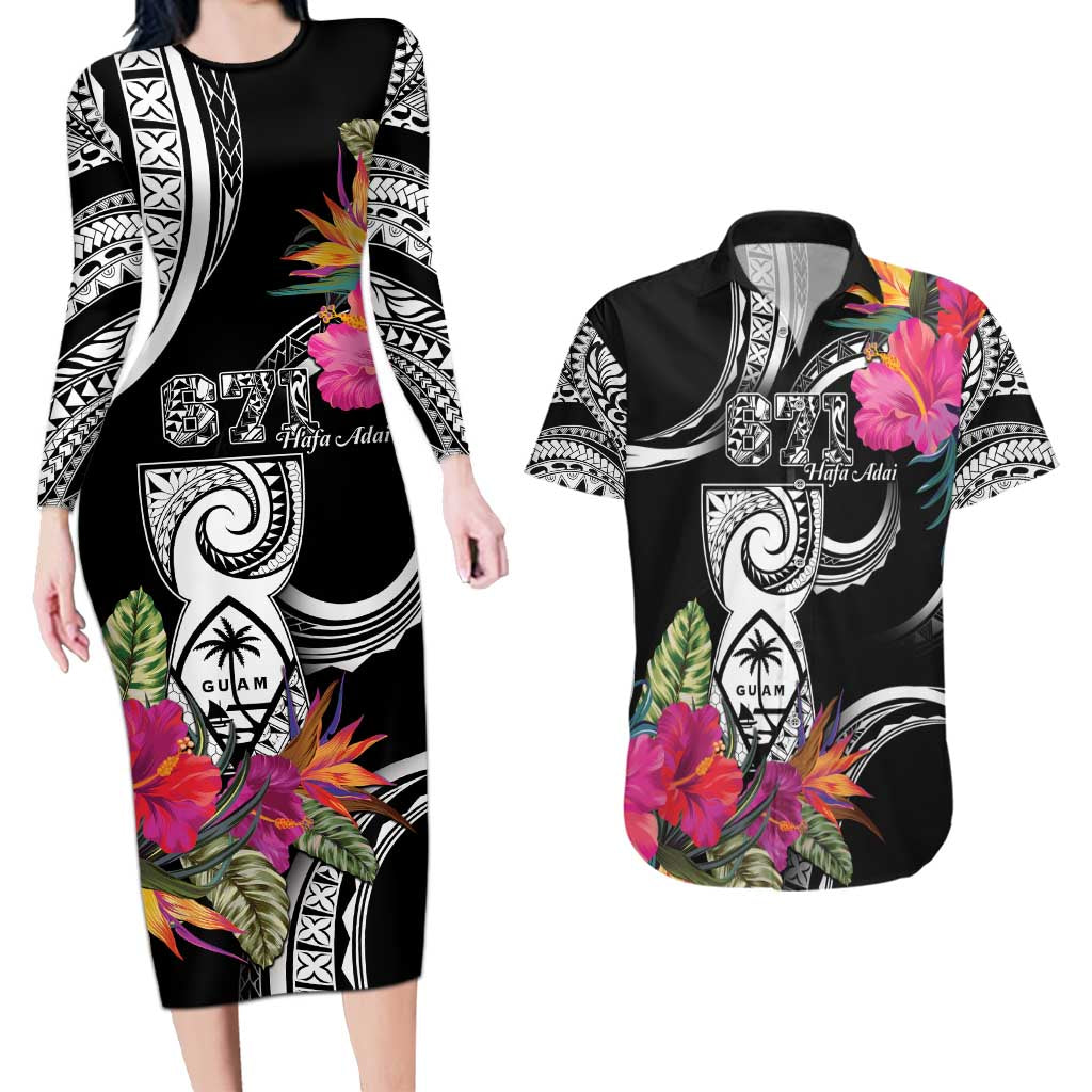 Hafa Adai Guam Couples Matching Long Sleeve Bodycon Dress and Hawaiian Shirt Polynesian Tattoo Tropical Flowers