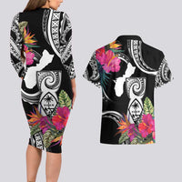 Hafa Adai Guam Couples Matching Long Sleeve Bodycon Dress and Hawaiian Shirt Polynesian Tattoo Tropical Flowers