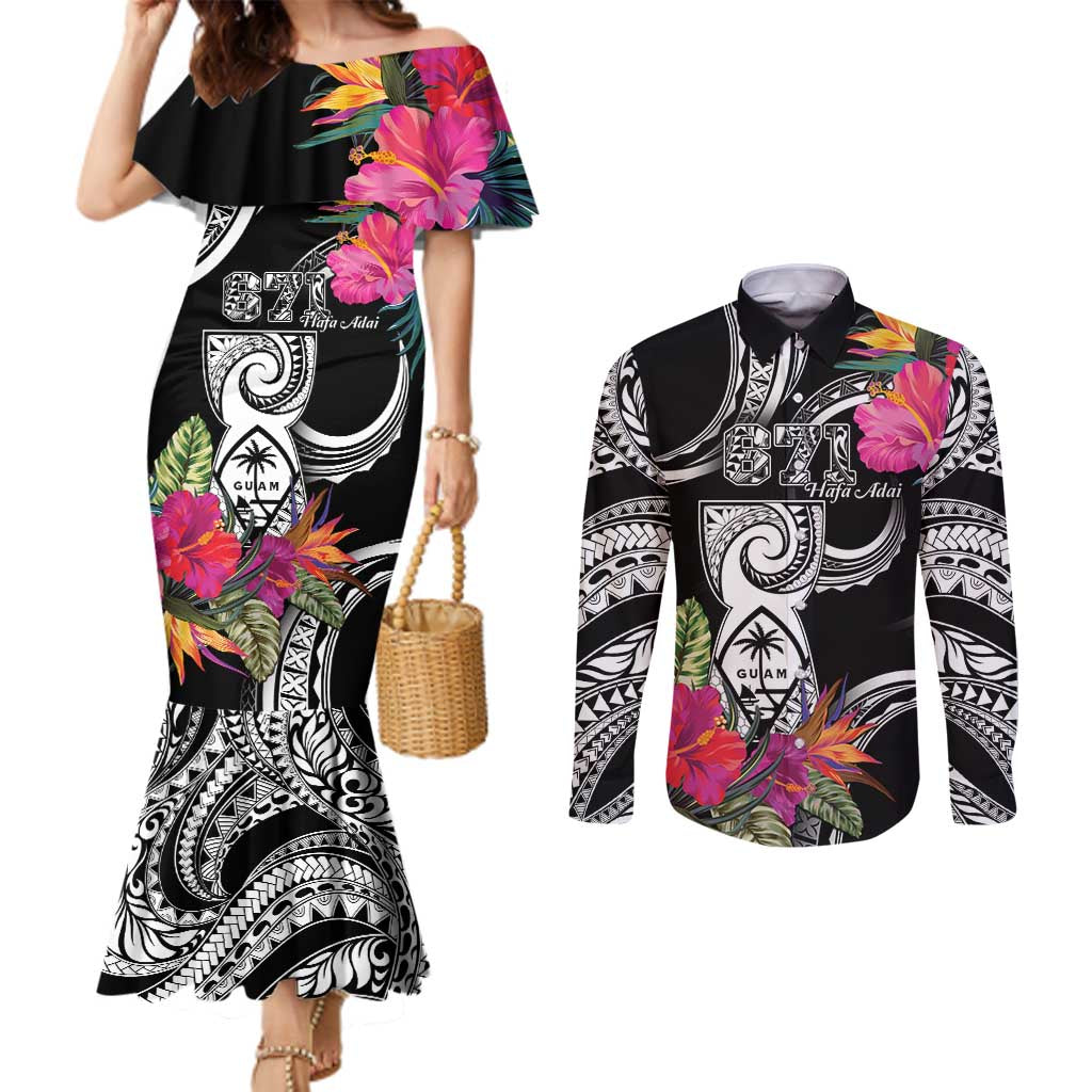 Hafa Adai Guam Couples Matching Mermaid Dress and Long Sleeve Button Shirt Polynesian Tattoo Tropical Flowers