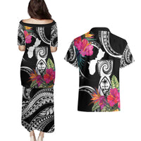 Hafa Adai Guam Couples Matching Puletasi and Hawaiian Shirt Polynesian Tattoo Tropical Flowers
