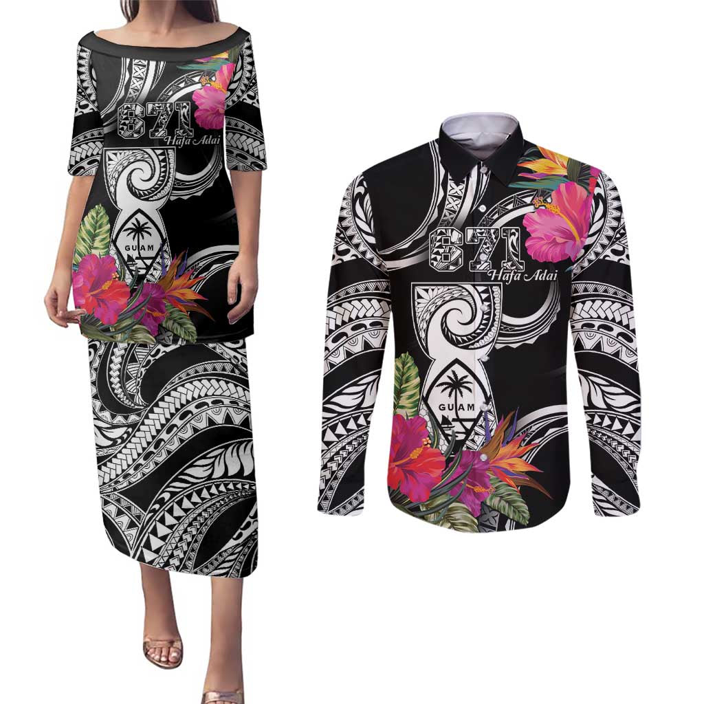 Hafa Adai Guam Couples Matching Puletasi and Long Sleeve Button Shirt Polynesian Tattoo Tropical Flowers