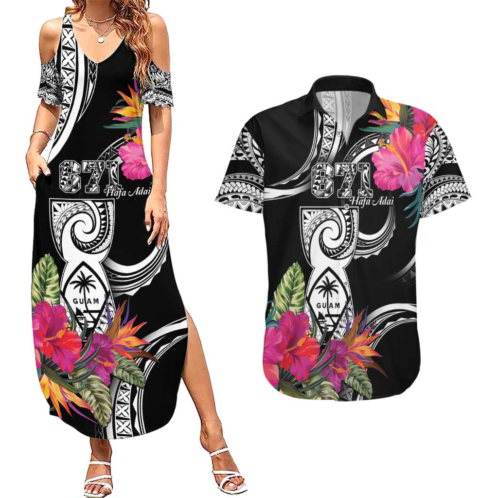 Hafa Adai Guam Couples Matching Summer Maxi Dress and Hawaiian Shirt Polynesian Tattoo Tropical Flowers
