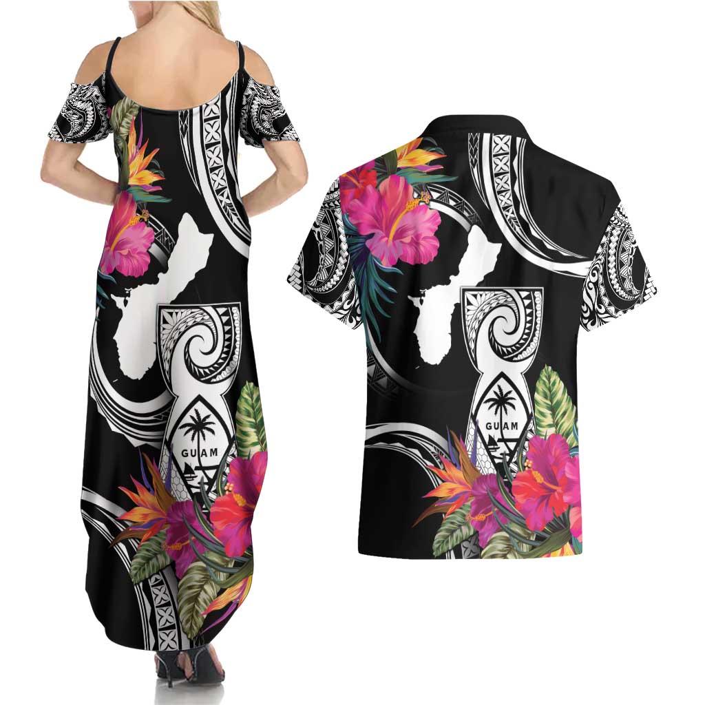 Hafa Adai Guam Couples Matching Summer Maxi Dress and Hawaiian Shirt Polynesian Tattoo Tropical Flowers