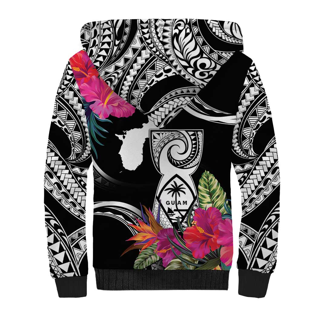 Hafa Adai Guam Sherpa Hoodie Polynesian Tattoo Tropical Flowers
