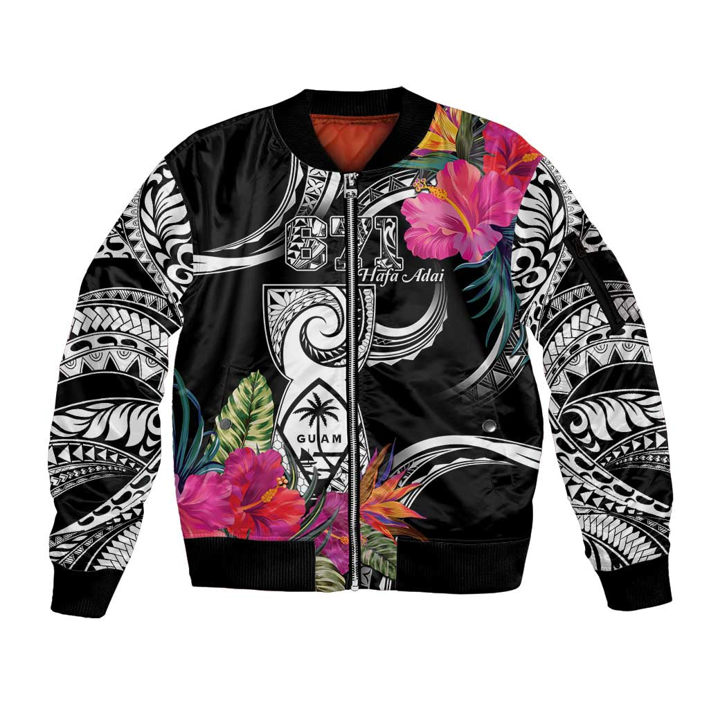 Hafa Adai Guam Sleeve Zip Bomber Jacket Polynesian Tattoo Tropical Flowers