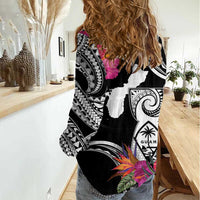 Hafa Adai Guam Women Casual Shirt Polynesian Tattoo Tropical Flowers