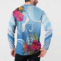 Hafa Adai Guam Button Sweatshirt Tropical Flowers Blue Gradient