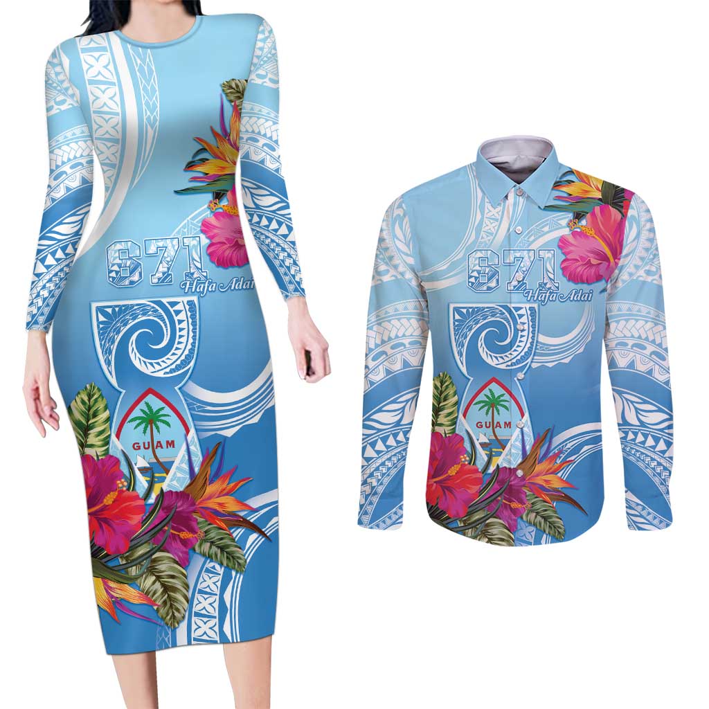 Hafa Adai Guam Couples Matching Long Sleeve Bodycon Dress and Long Sleeve Button Shirt Tropical Flowers Blue Gradient