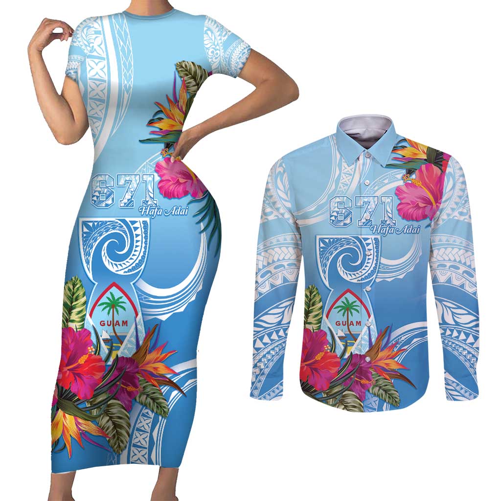 Hafa Adai Guam Couples Matching Short Sleeve Bodycon Dress and Long Sleeve Button Shirt Tropical Flowers Blue Gradient