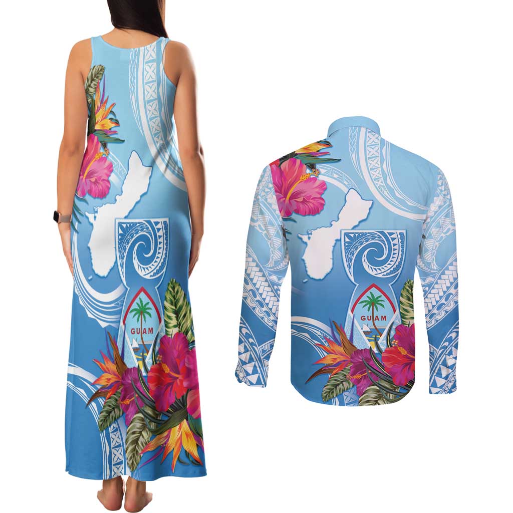 Hafa Adai Guam Couples Matching Tank Maxi Dress and Long Sleeve Button Shirt Tropical Flowers Blue Gradient