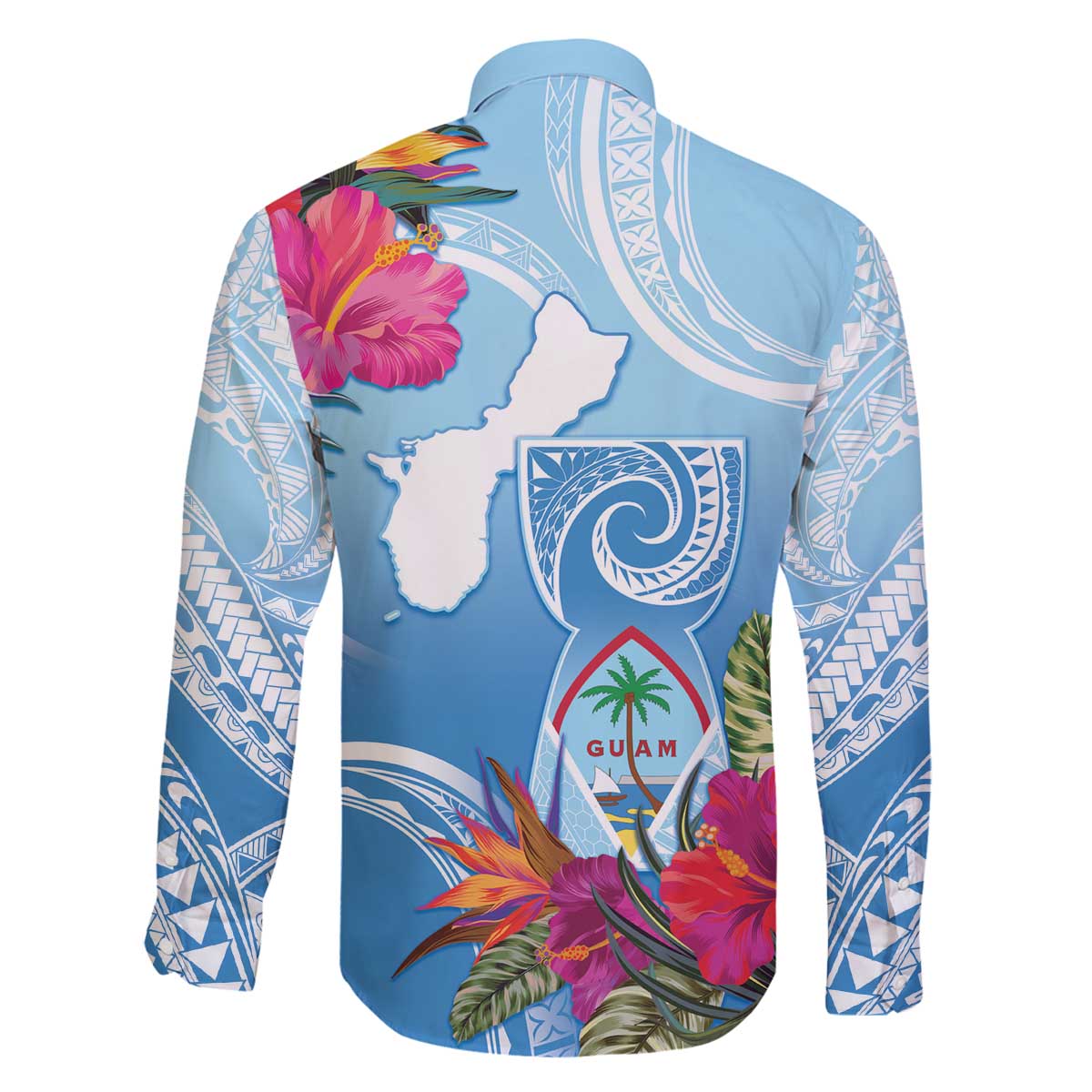 Hafa Adai Guam Family Matching Off The Shoulder Long Sleeve Dress and Hawaiian Shirt Tropical Flowers Blue Gradient