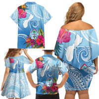 Hafa Adai Guam Family Matching Off Shoulder Short Dress and Hawaiian Shirt Tropical Flowers Blue Gradient