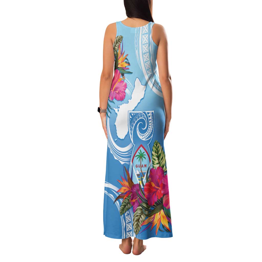 Hafa Adai Guam Family Matching Tank Maxi Dress and Hawaiian Shirt Tropical Flowers Blue Gradient