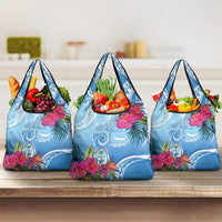 Hafa Adai Guam Grocery Bag Tropical Flowers Blue Gradient