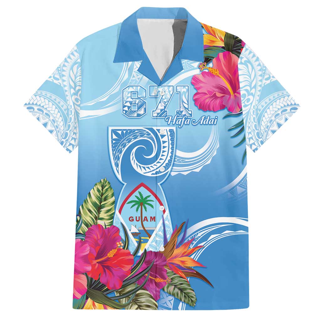Hafa Adai Guam Hawaiian Shirt Tropical Flowers Blue Gradient