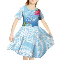 Hafa Adai Guam Kid Short Sleeve Dress Tropical Flowers Blue Gradient