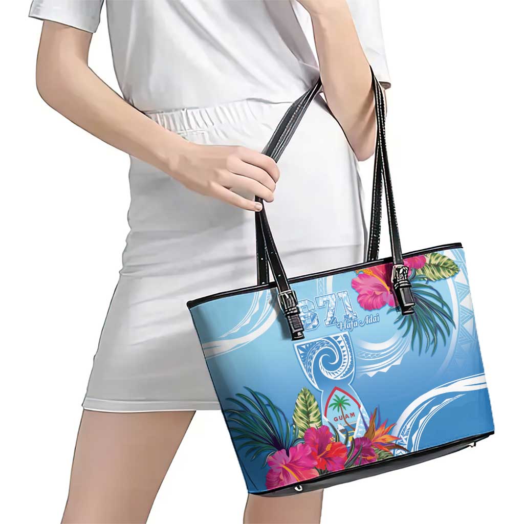 Hafa Adai Guam Leather Tote Bag Tropical Flowers Blue Gradient