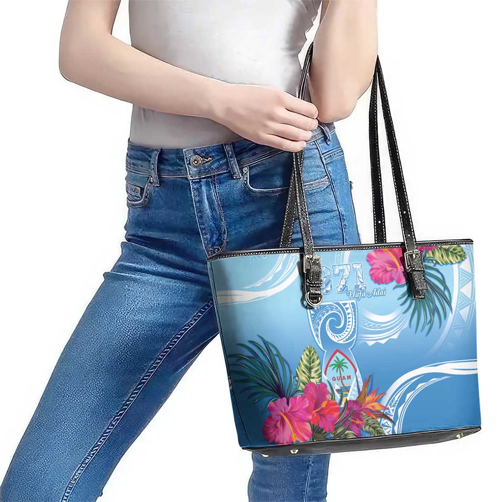 Hafa Adai Guam Leather Tote Bag Tropical Flowers Blue Gradient