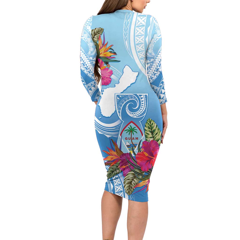 Hafa Adai Guam Long Sleeve Bodycon Dress Tropical Flowers Blue Gradient