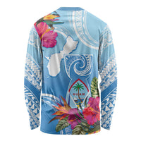 Hafa Adai Guam Long Sleeve Shirt Tropical Flowers Blue Gradient