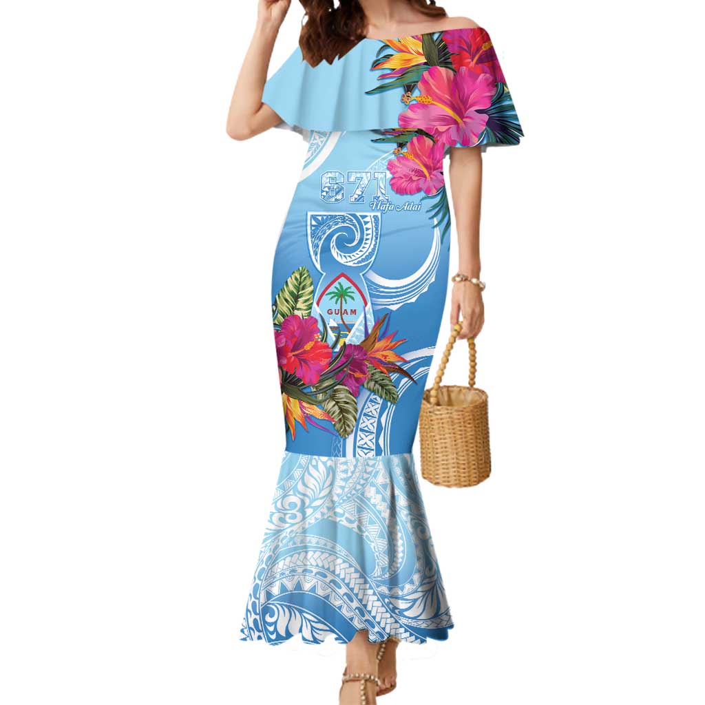 Hafa Adai Guam Mermaid Dress Tropical Flowers Blue Gradient
