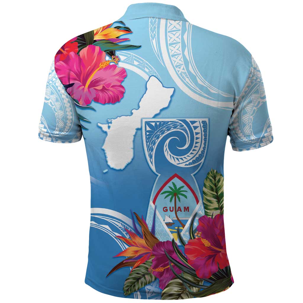 Hafa Adai Guam Polo Shirt Tropical Flowers Blue Gradient