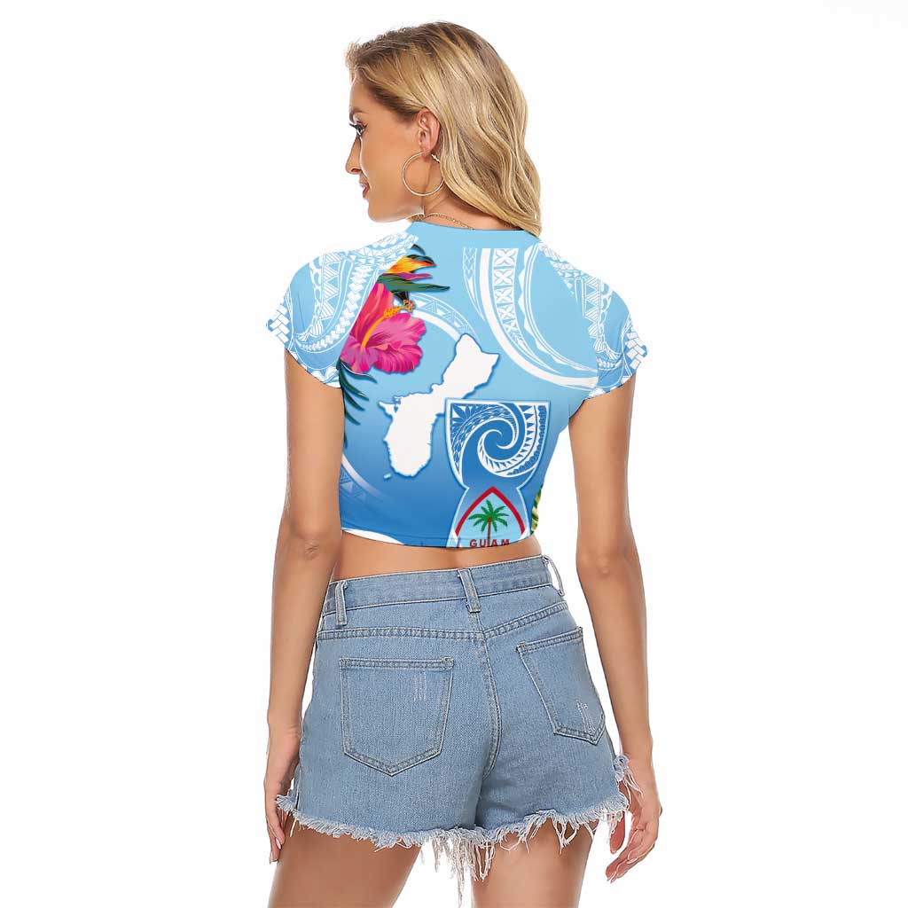 Hafa Adai Guam Raglan Cropped T Shirt Tropical Flowers Blue Gradient