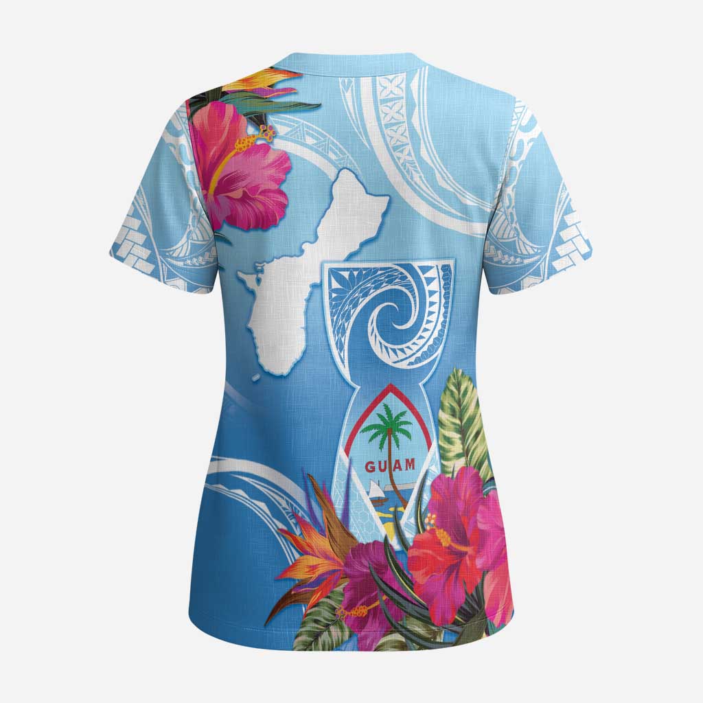 Hafa Adai Guam Scrub Top Tropical Flowers Blue Gradient - Polynesian Pride