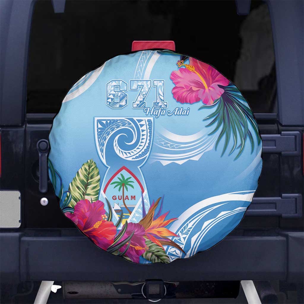 Hafa Adai Guam Spare Tire Cover Tropical Flowers Blue Gradient