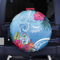 Hafa Adai Guam Spare Tire Cover Tropical Flowers Blue Gradient