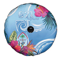 Hafa Adai Guam Spare Tire Cover Tropical Flowers Blue Gradient