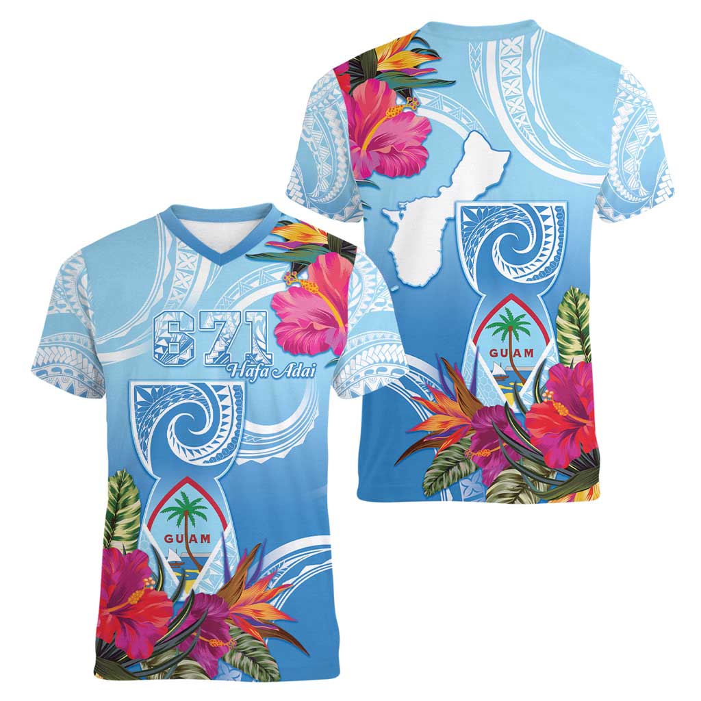 Hafa Adai Guam Women V-Neck T-Shirt Tropical Flowers Blue Gradient