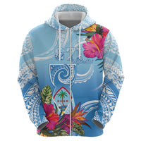Hafa Adai Guam Zip Hoodie Tropical Flowers Blue Gradient