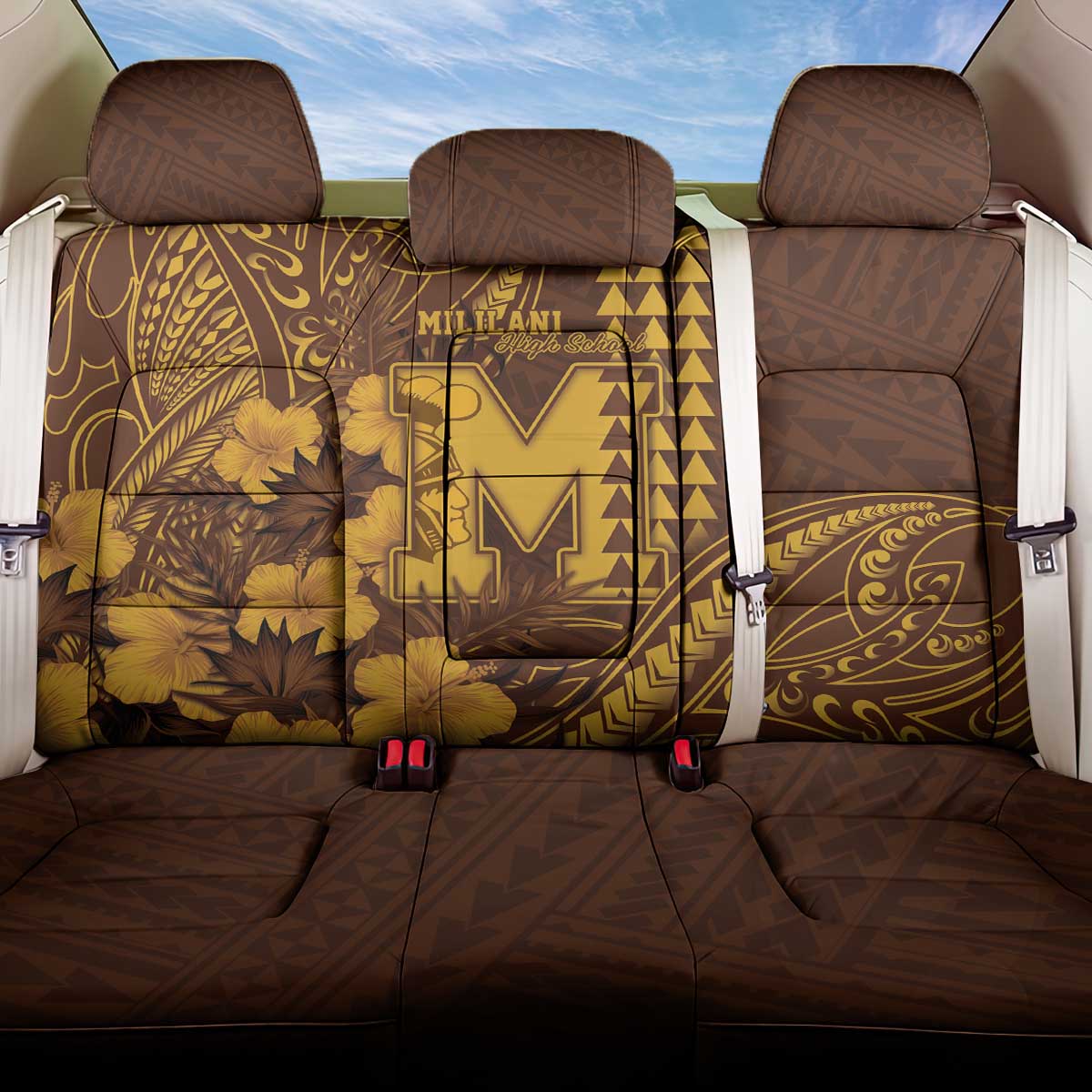 Hawaii Mililani High School Back Car Seat Cover Tribal Tattoo With Hibiscus Flowers
