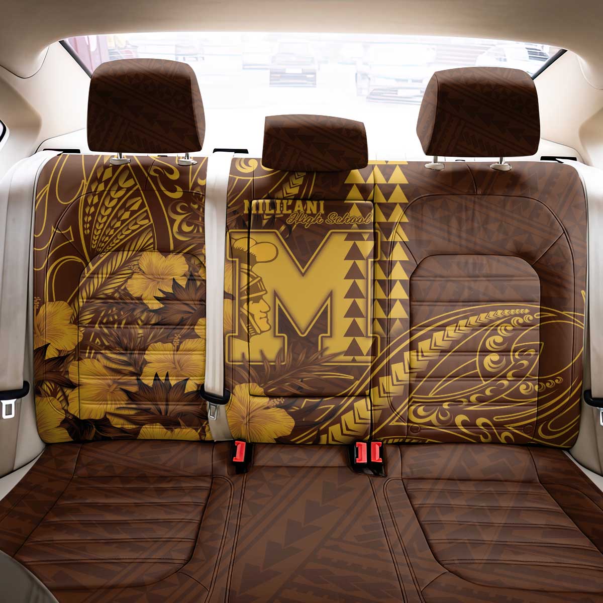 Hawaii Mililani High School Back Car Seat Cover Tribal Tattoo With Hibiscus Flowers