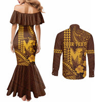 Personalised Hawaii Mililani High School Couples Matching Mermaid Dress and Long Sleeve Button Shirt Tribal Tattoo With Hibiscus Flowers