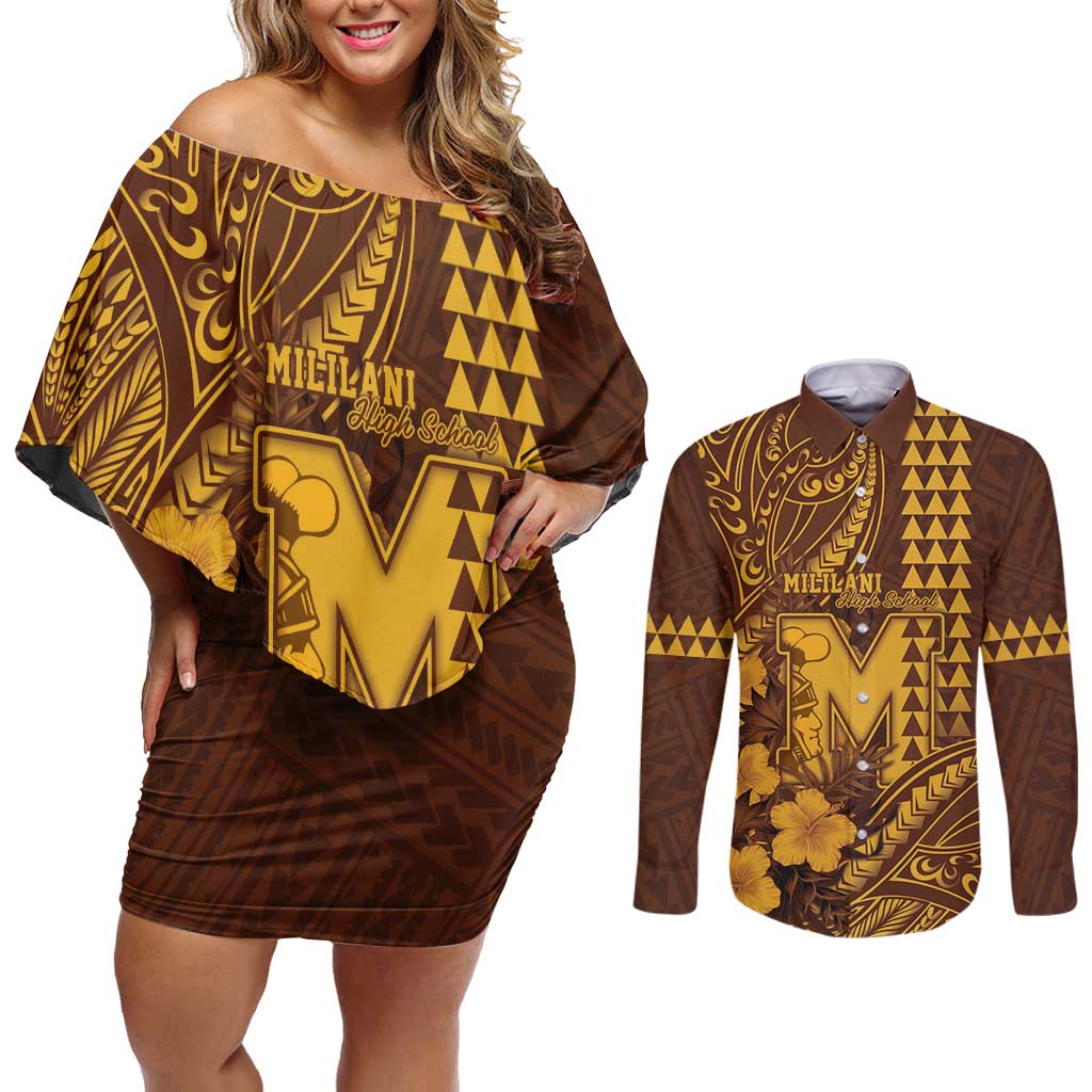 Personalised Hawaii Mililani High School Couples Matching Off Shoulder Short Dress and Long Sleeve Button Shirt Tribal Tattoo With Hibiscus Flowers