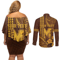 Personalised Hawaii Mililani High School Couples Matching Off Shoulder Short Dress and Long Sleeve Button Shirt Tribal Tattoo With Hibiscus Flowers