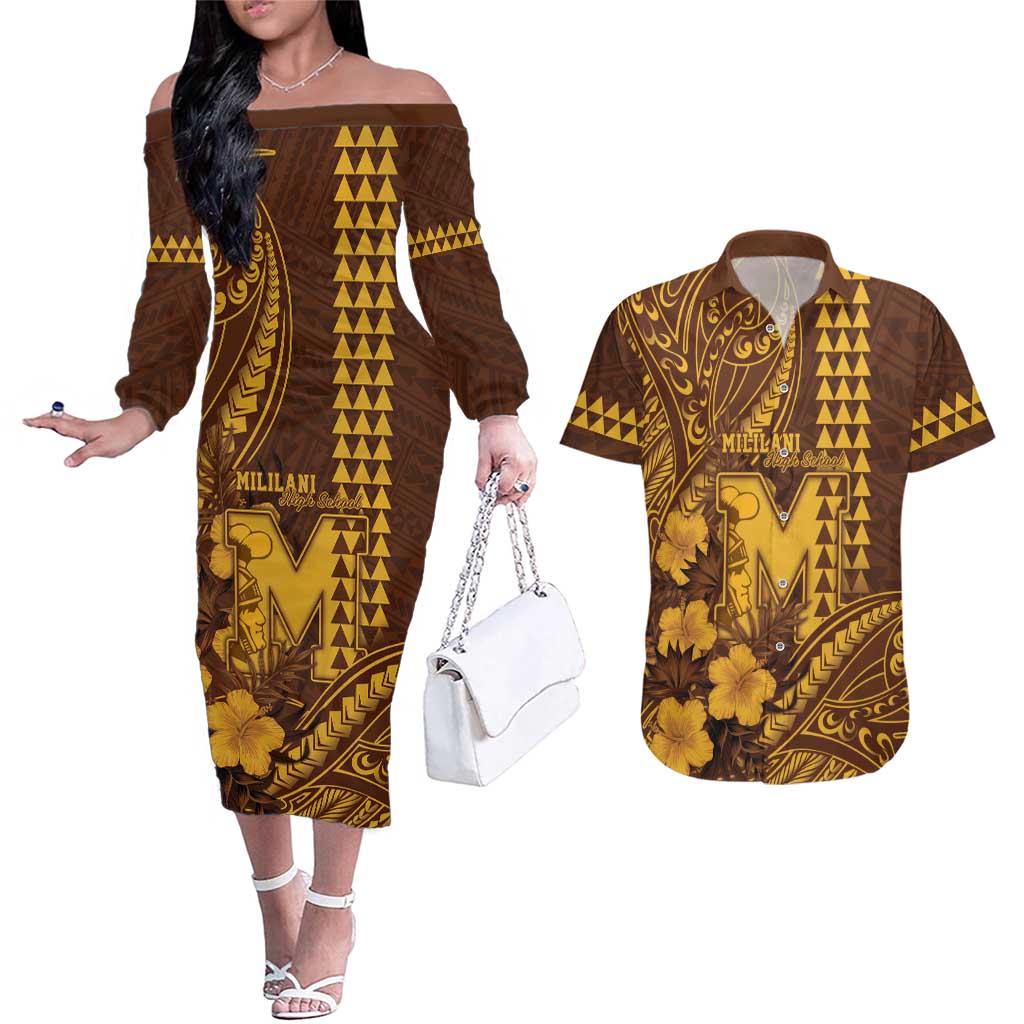 Personalised Hawaii Mililani High School Couples Matching Off The Shoulder Long Sleeve Dress and Hawaiian Shirt Tribal Tattoo With Hibiscus Flowers