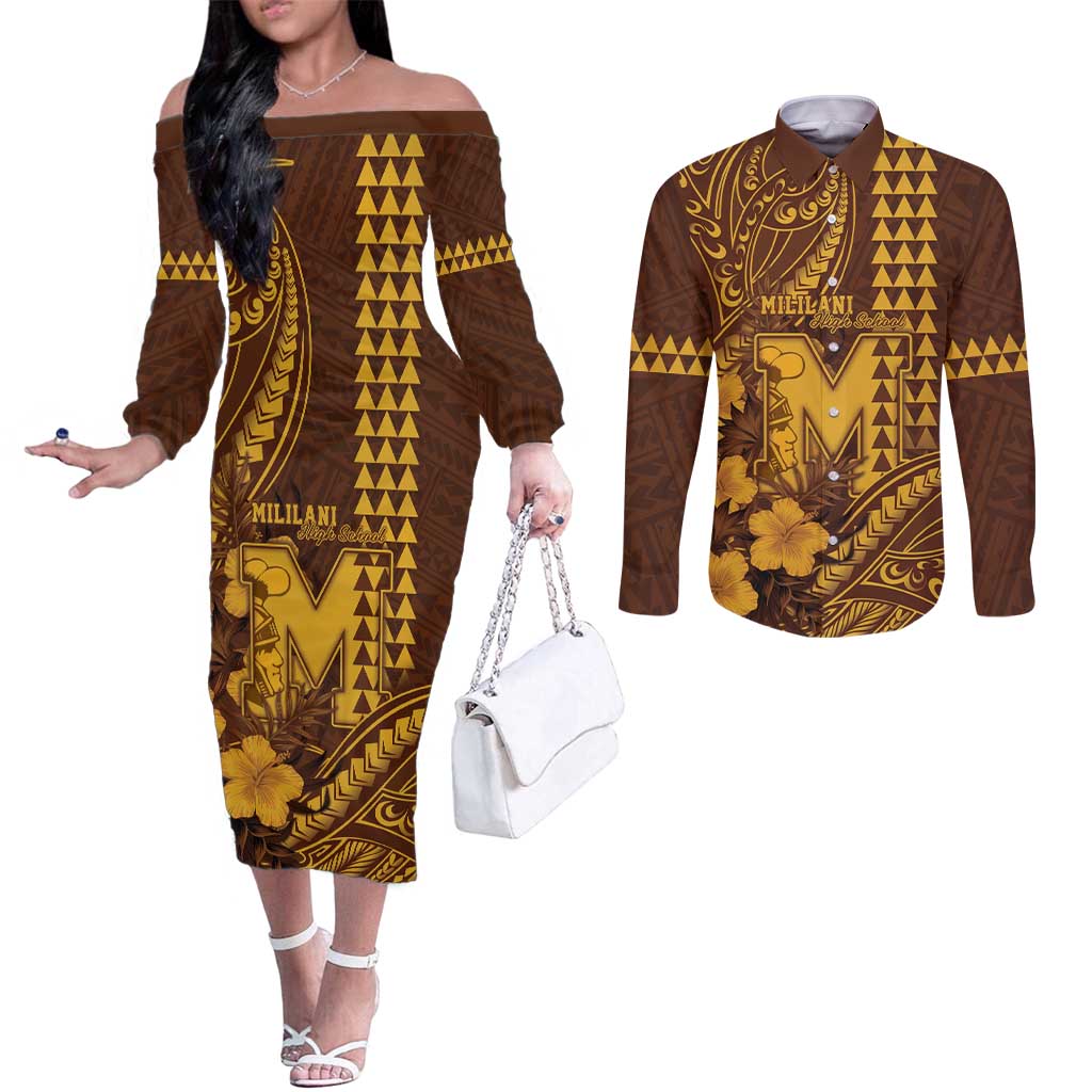 Personalised Hawaii Mililani High School Couples Matching Off The Shoulder Long Sleeve Dress and Long Sleeve Button Shirt Tribal Tattoo With Hibiscus Flowers