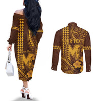Personalised Hawaii Mililani High School Couples Matching Off The Shoulder Long Sleeve Dress and Long Sleeve Button Shirt Tribal Tattoo With Hibiscus Flowers