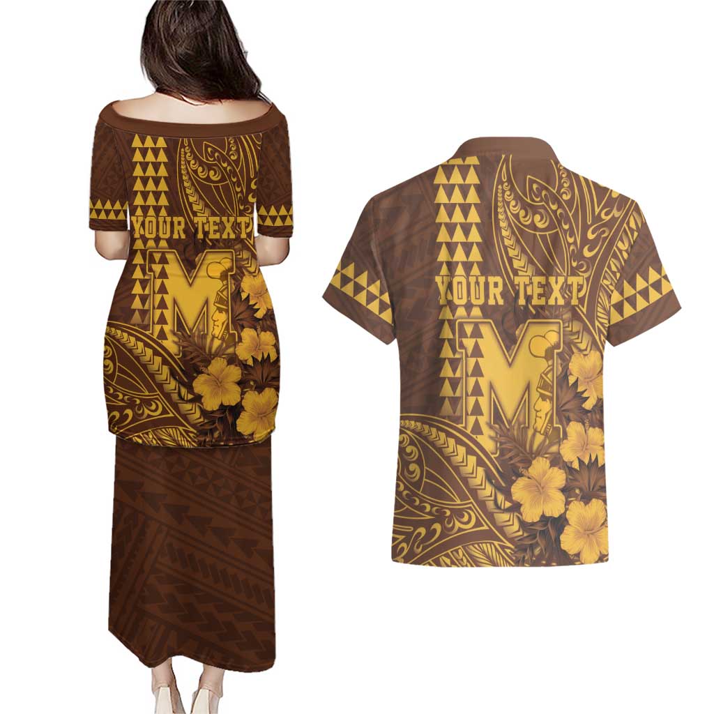 Personalised Hawaii Mililani High School Couples Matching Puletasi and Hawaiian Shirt Tribal Tattoo With Hibiscus Flowers