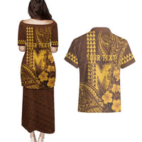 Personalised Hawaii Mililani High School Couples Matching Puletasi and Hawaiian Shirt Tribal Tattoo With Hibiscus Flowers