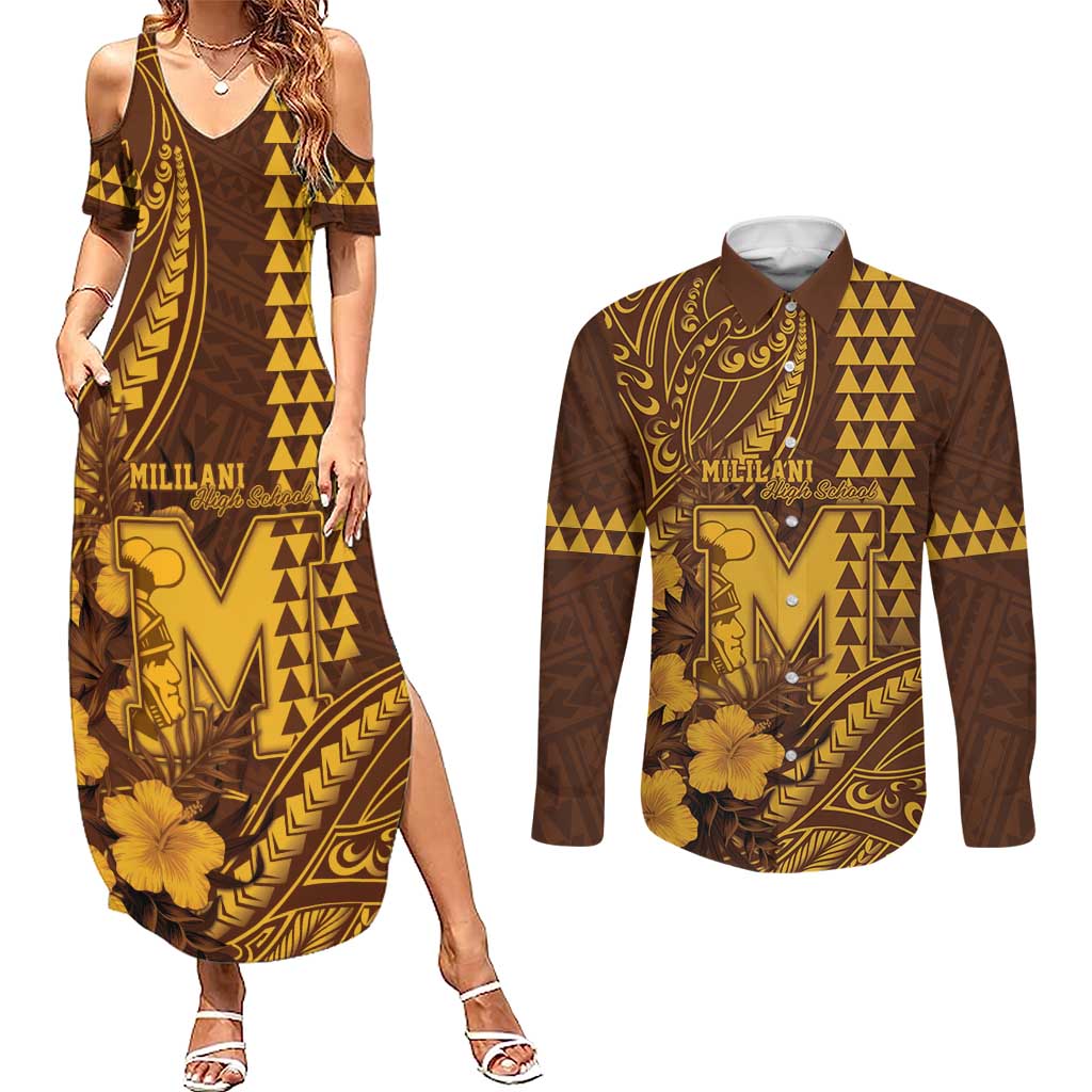 Personalised Hawaii Mililani High School Couples Matching Summer Maxi Dress and Long Sleeve Button Shirt Tribal Tattoo With Hibiscus Flowers
