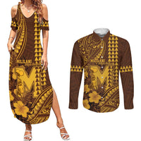 Personalised Hawaii Mililani High School Couples Matching Summer Maxi Dress and Long Sleeve Button Shirt Tribal Tattoo With Hibiscus Flowers