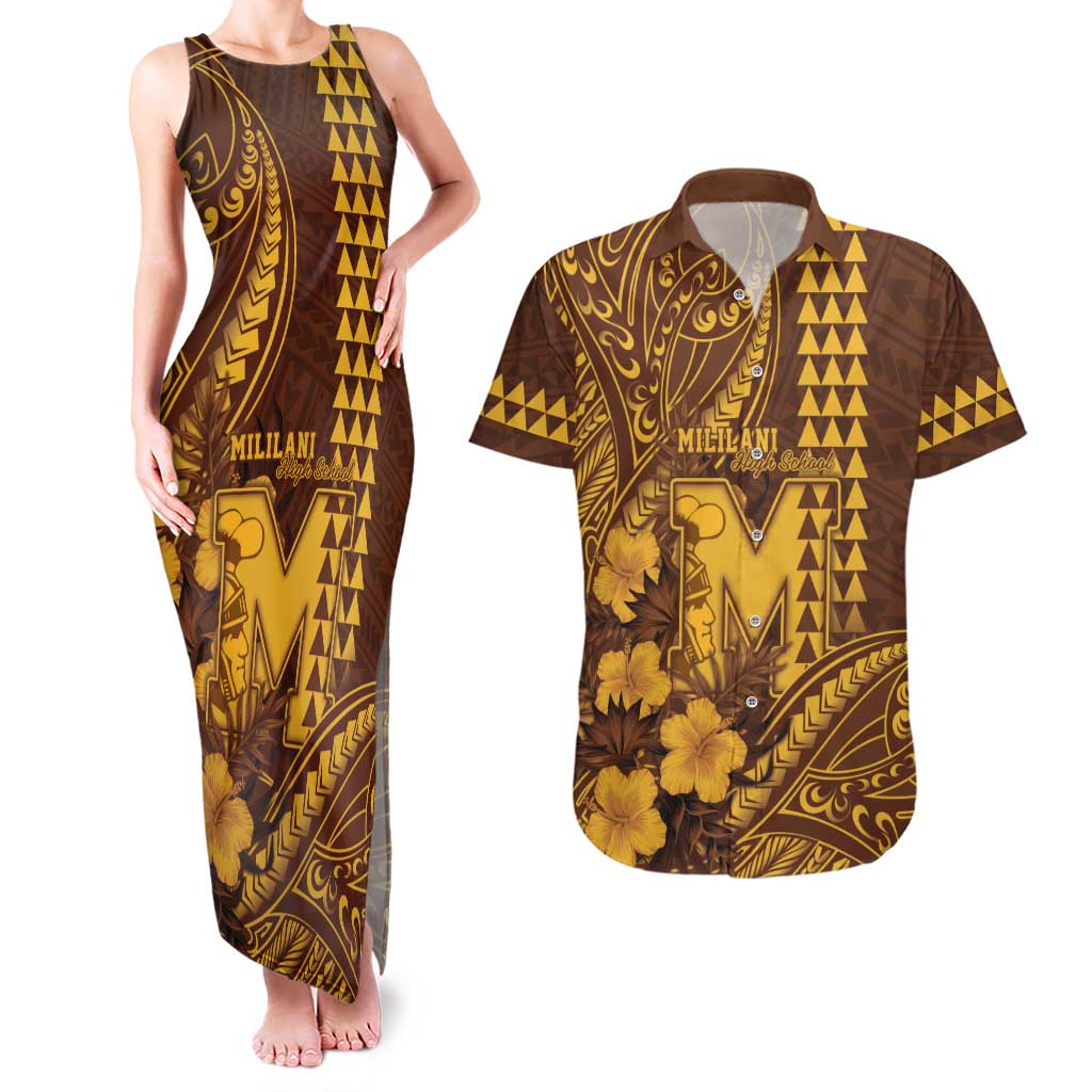 Personalised Hawaii Mililani High School Couples Matching Tank Maxi Dress and Hawaiian Shirt Tribal Tattoo With Hibiscus Flowers