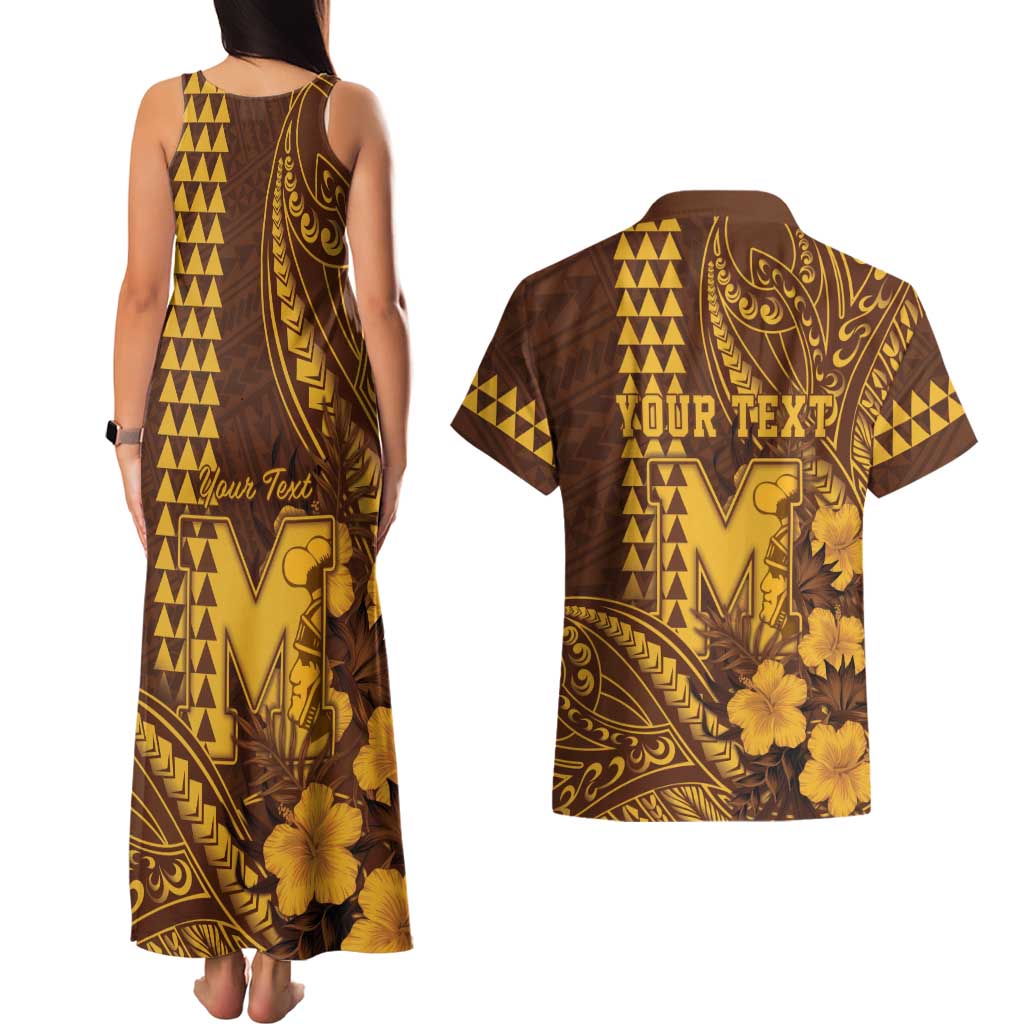 Personalised Hawaii Mililani High School Couples Matching Tank Maxi Dress and Hawaiian Shirt Tribal Tattoo With Hibiscus Flowers